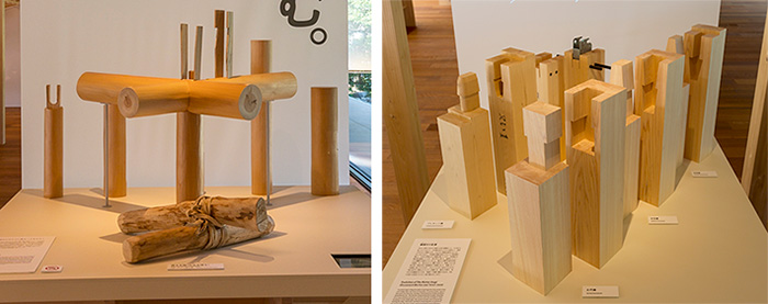 左（Left）：丸太を縛る、丸太を組む(History of Wood Construction)<br>右（Right）：鎌継ぎの変遷(Evolution of the gooseneck mortise and tenon joint)